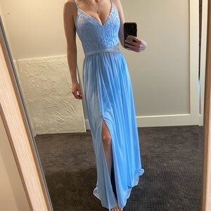 Ice blue, floor length, chiffon and lace gown